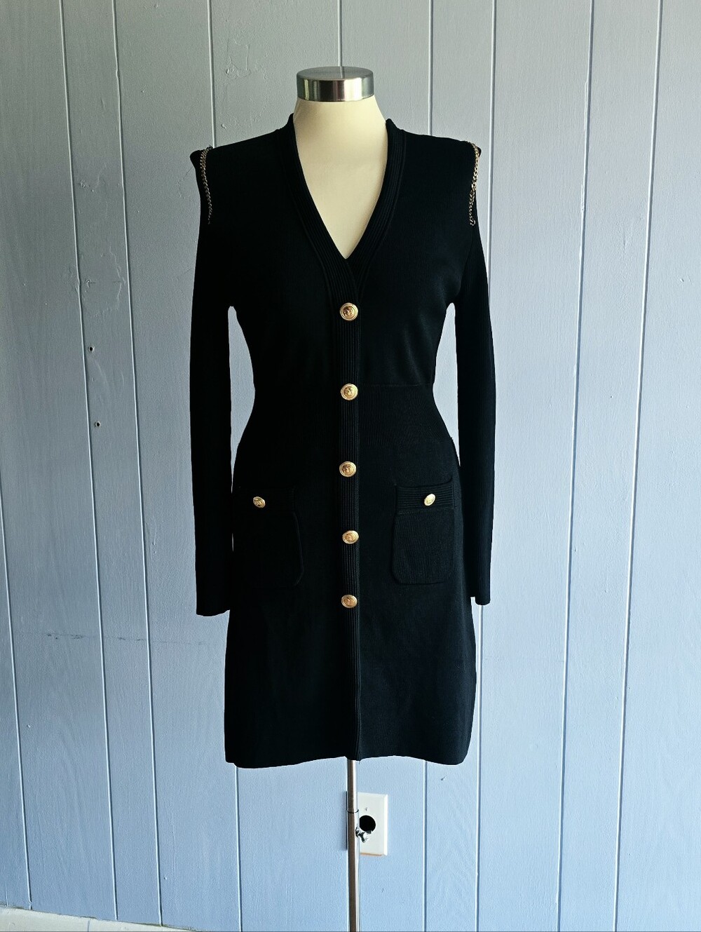 Womens Black Knit Dress Gold-Tone Shoulder Chains Faux Gold-Tone Buttons